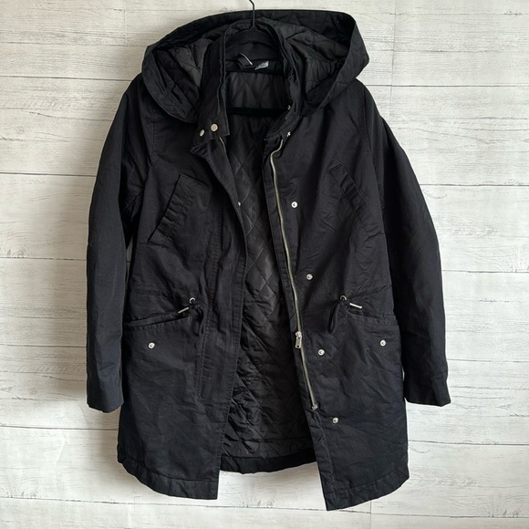 Divided H&M Zip UP & Button Up Black Hooded Coat | SIZE XS - Picture 1 of 10